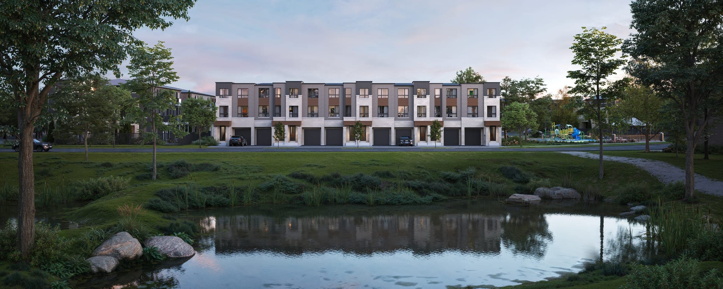 Castlemore Art Collection — pond and townhomes